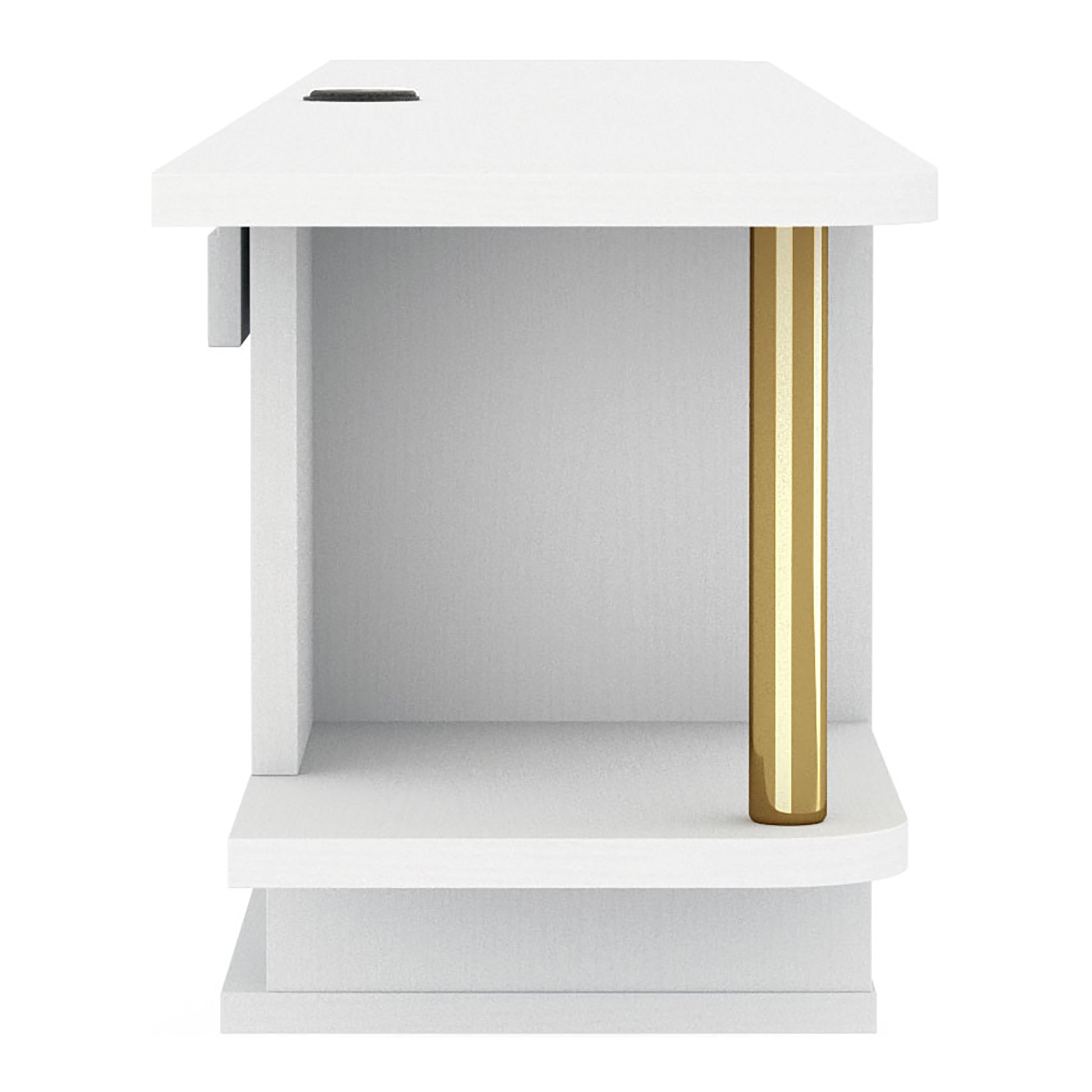 Front-facing side view of a modern white and gold three-shelf floating TV stand on a white background
