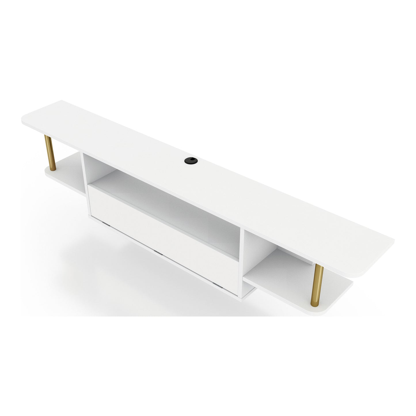 Left angled bird's eye view of a modern white and gold three-shelf floating TV stand on a white background
