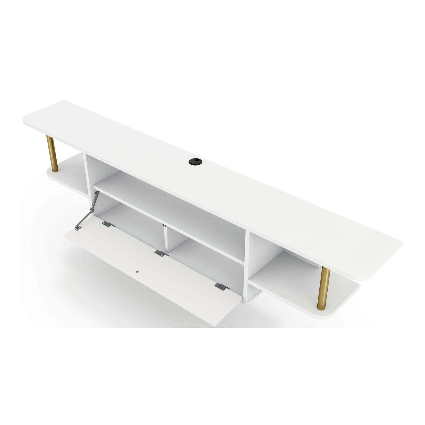 Left angled bird's eye view of a modern white and gold three-shelf floating TV stand with drop-front door open on a white background