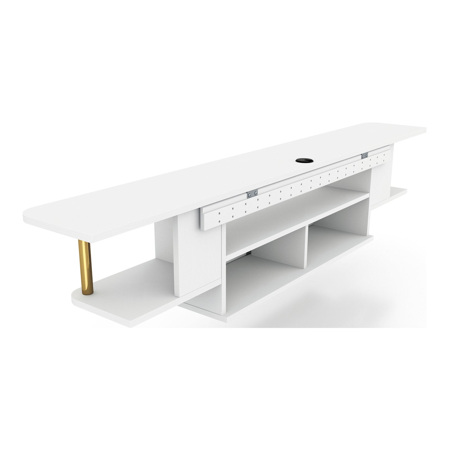 Right angled back view of a modern white and gold three-shelf floating TV stand on a white background