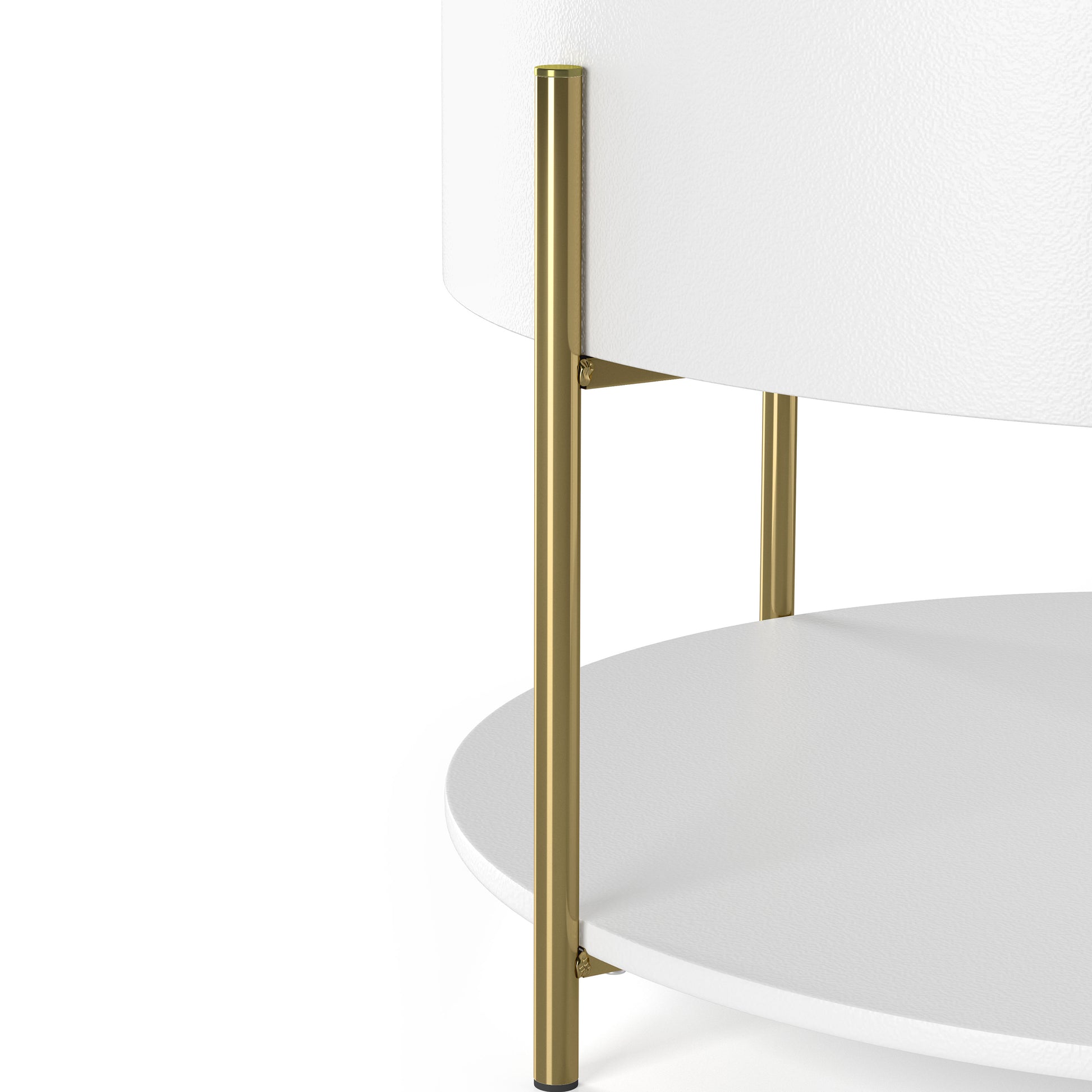 Angled modern close-up leg view of a white and gold round storage coffee table on a white background