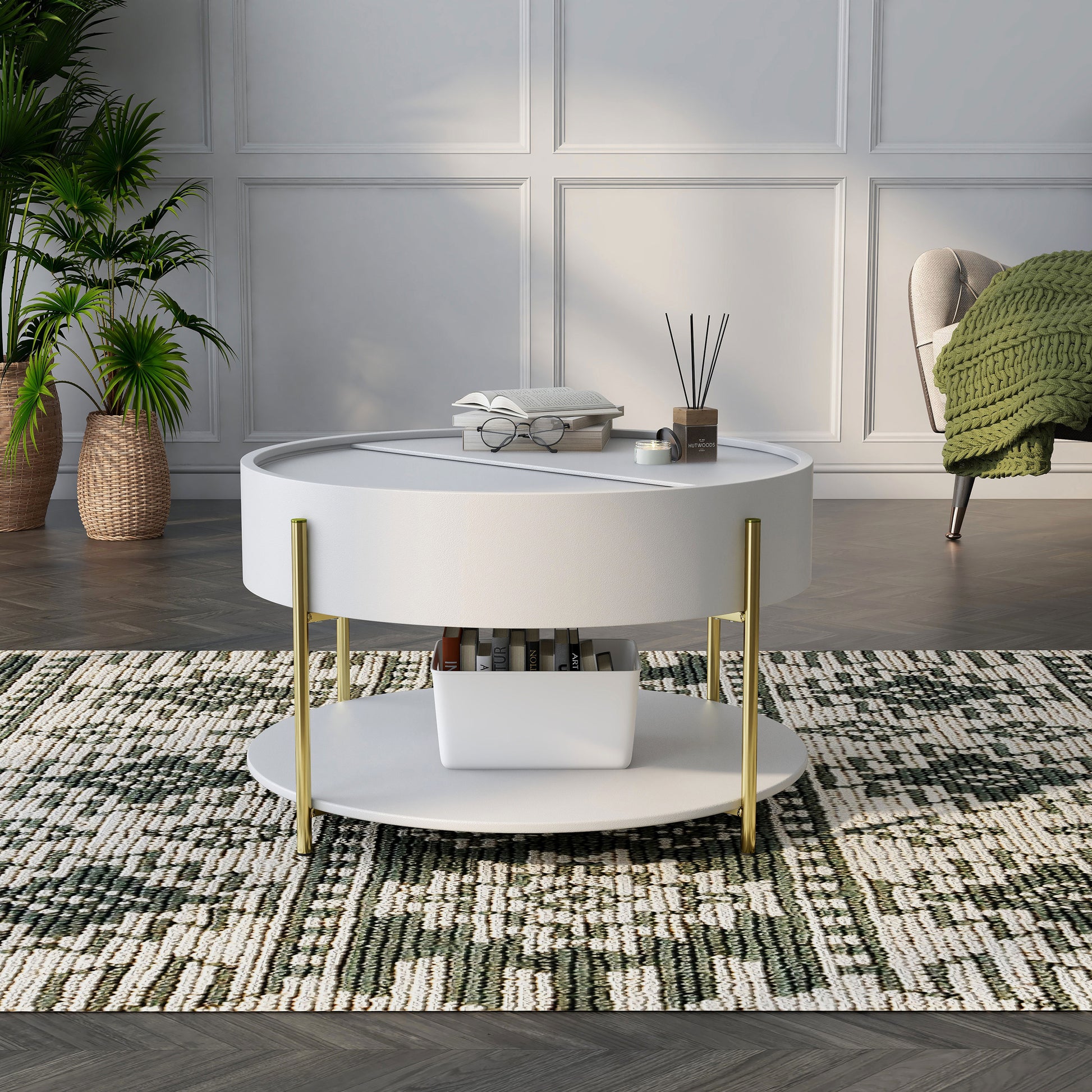 Front-facing modern white and gold round storage coffee table in a living room with accessories