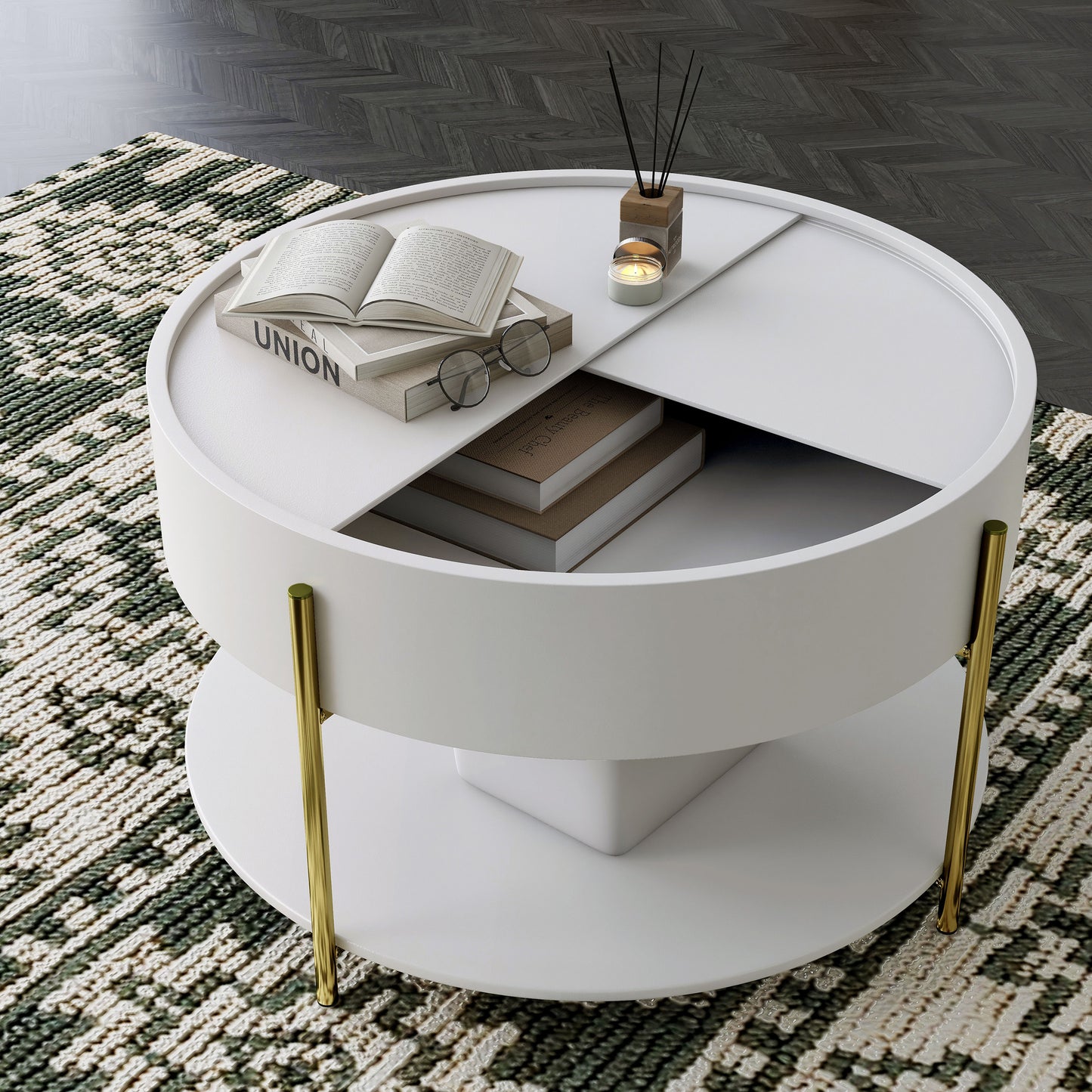 Angled modern white and gold round storage coffee table with top partially open in a living room with accessories