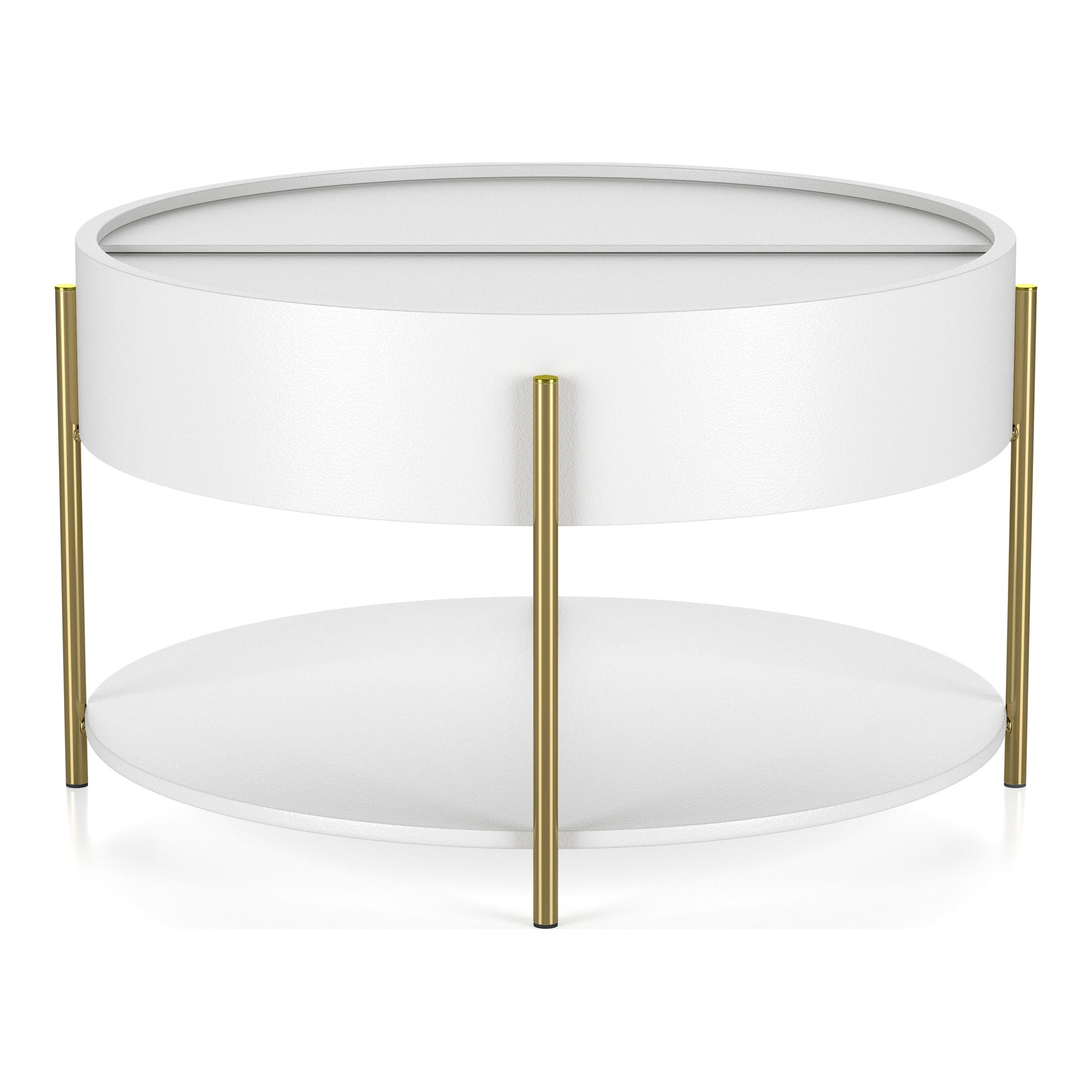 Front-facing modern white and gold round storage coffee table with top open in a living room with accessories