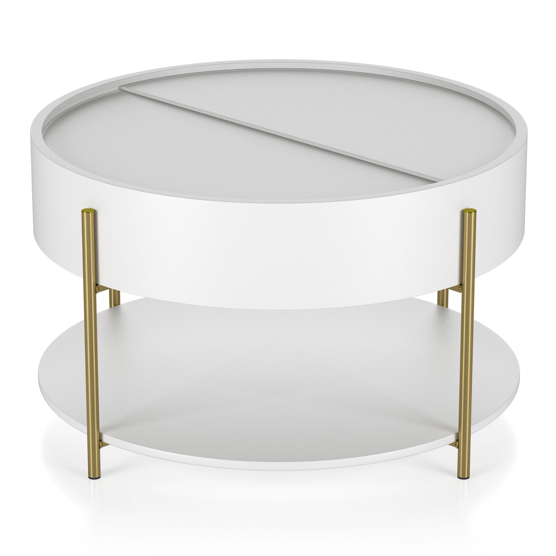 Angled modern white and gold round storage coffee table on a white background