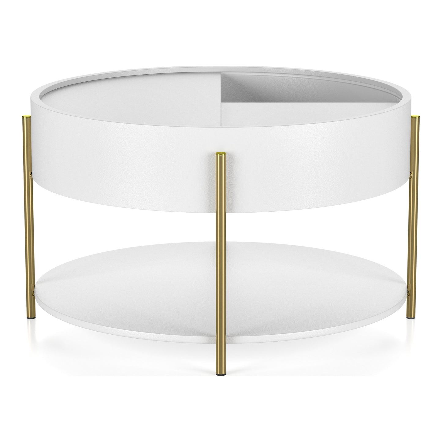 Angled modern white and gold round storage coffee table with top partially open on a white background