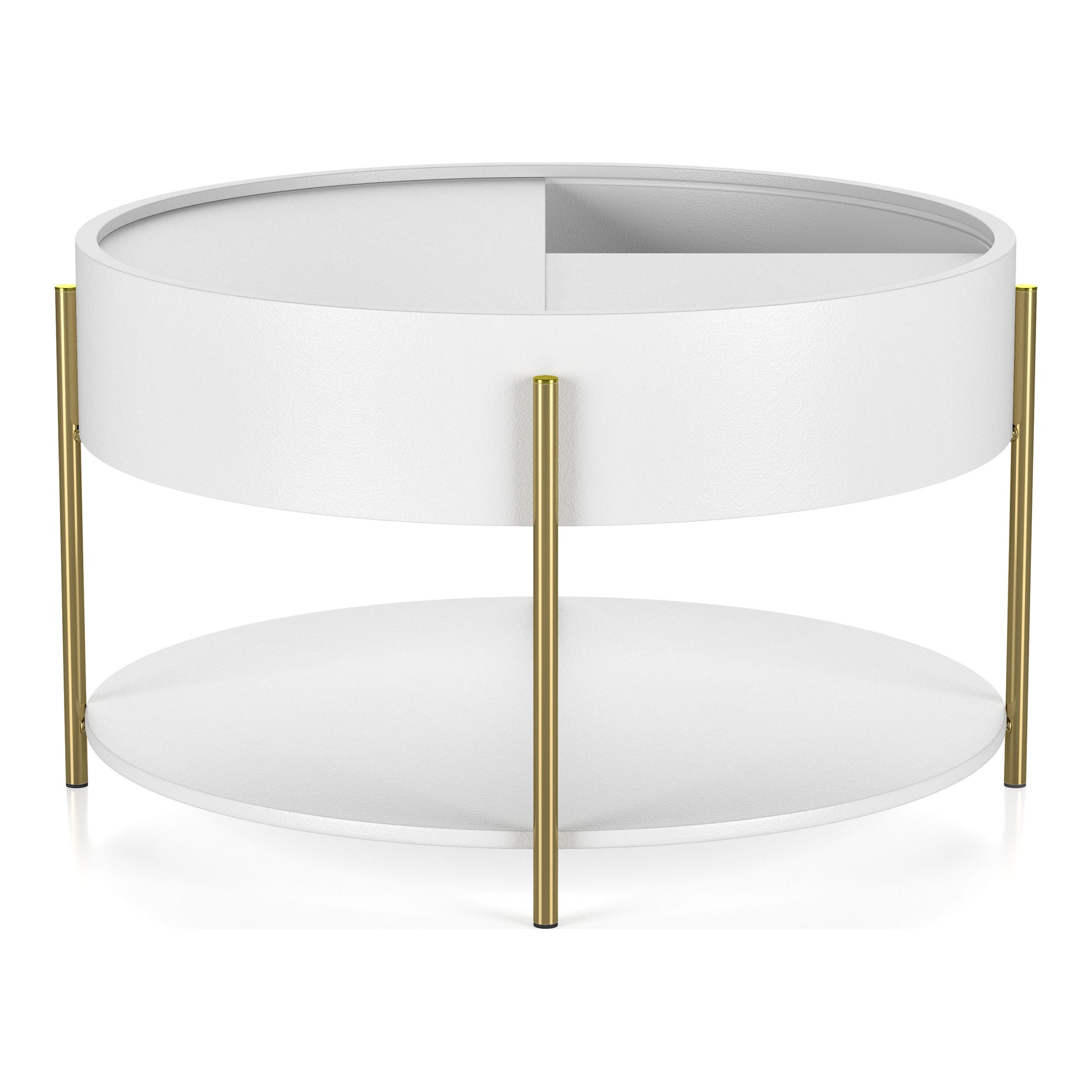 Angled modern white and gold round storage coffee table with top partially open on a white background