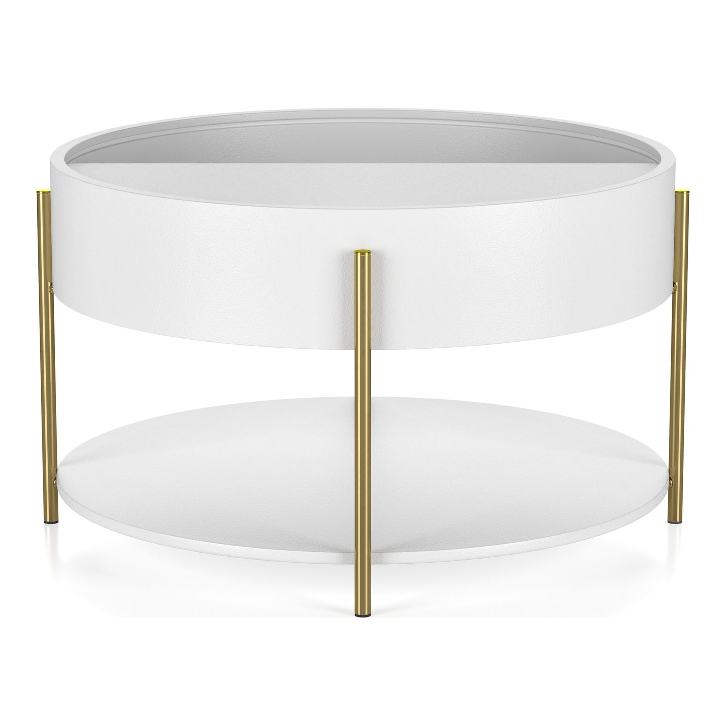 Front-facing modern white and gold round storage coffee table in a living room with accessories