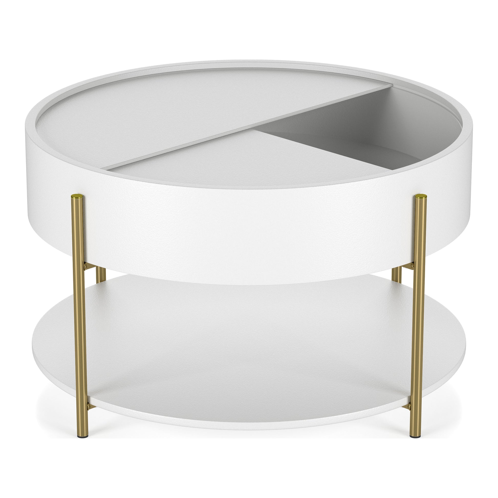 Front-facing modern white and gold round storage coffee table with top partially open on a white background