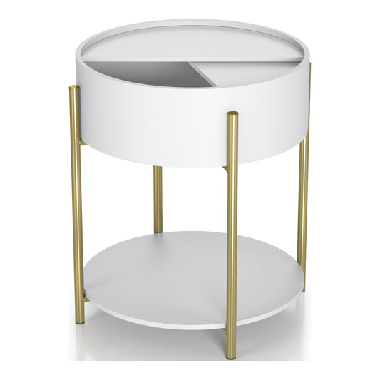 Angled modern white and gold round storage end table with top partially open on a white background