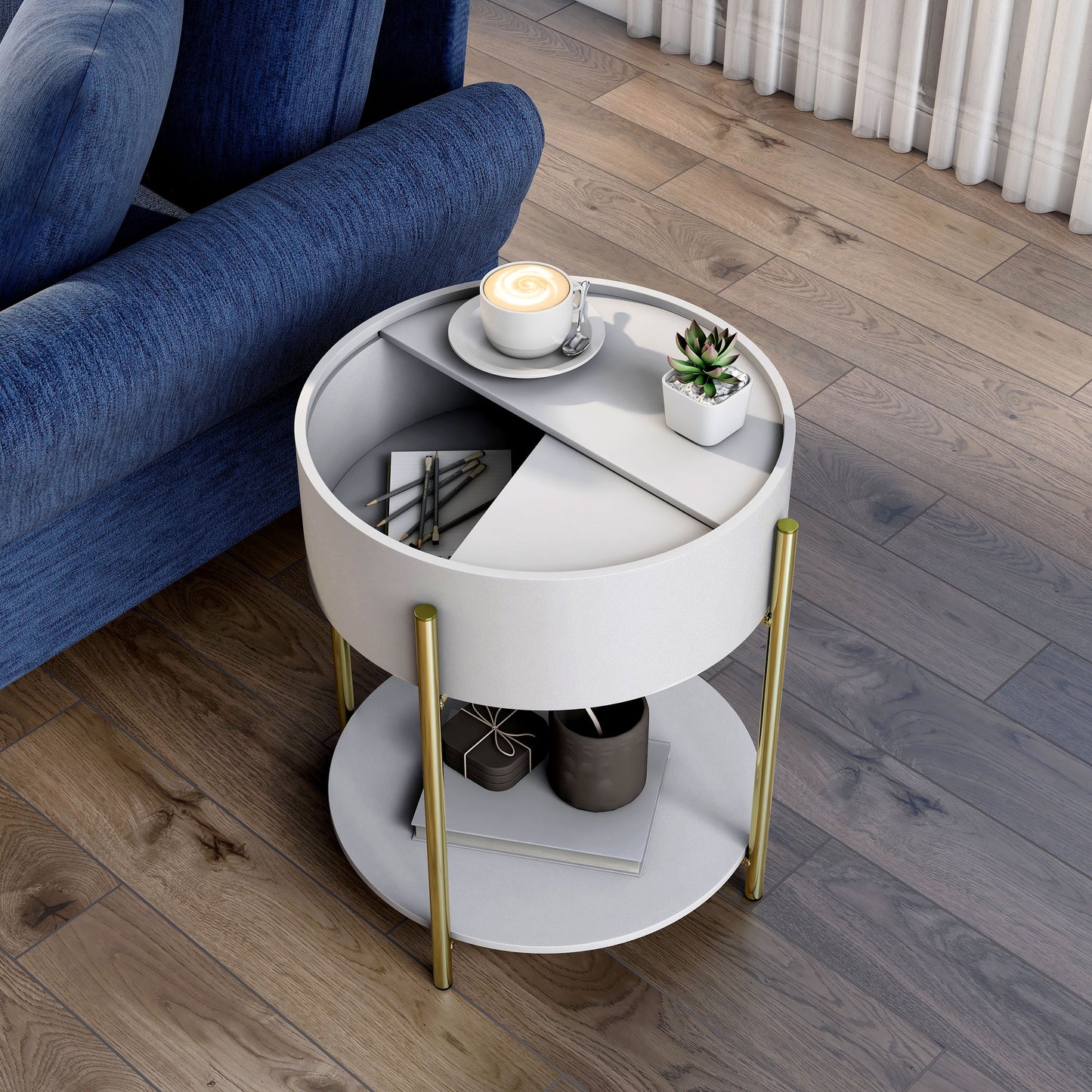 Left angled bird's eye view of a modern white and gold round storage end table with top partially open in a living room with accessories