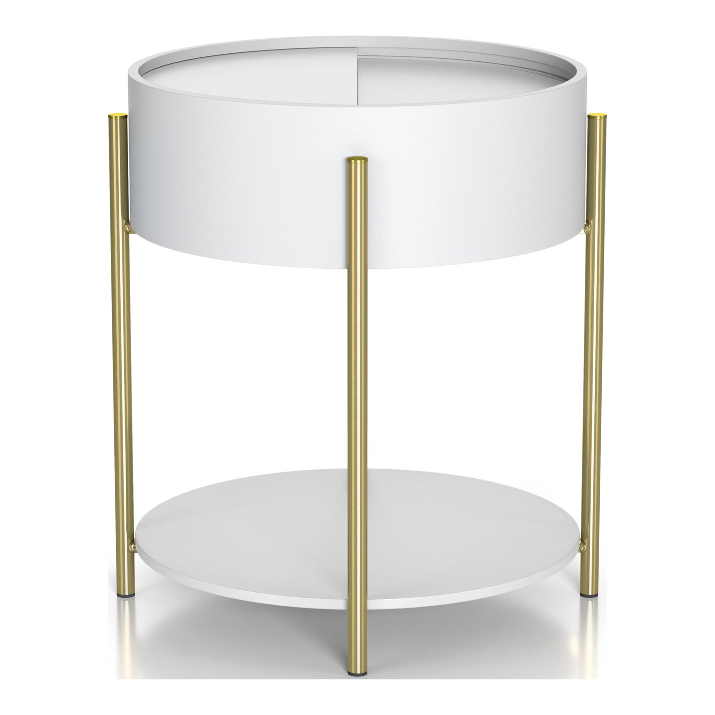 Front-facing modern white and gold round storage end table on a white background