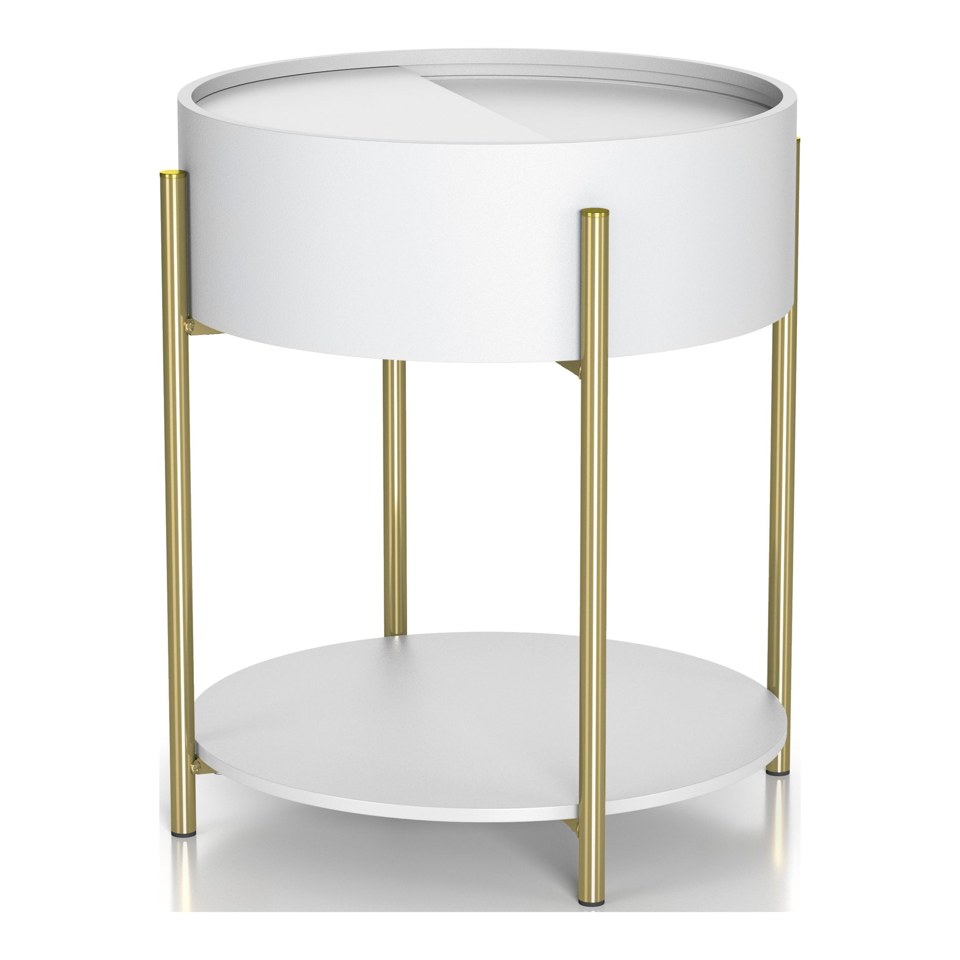 Angled modern white and gold round storage end table on a white background
