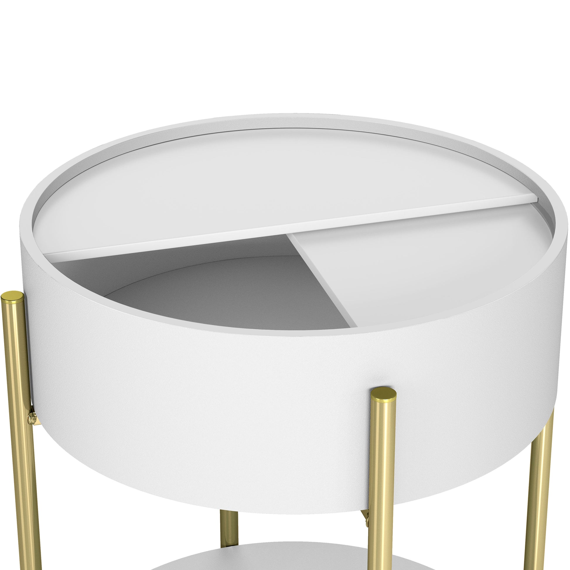 Angled close-up top view of a modern white and gold round storage end table on a white background