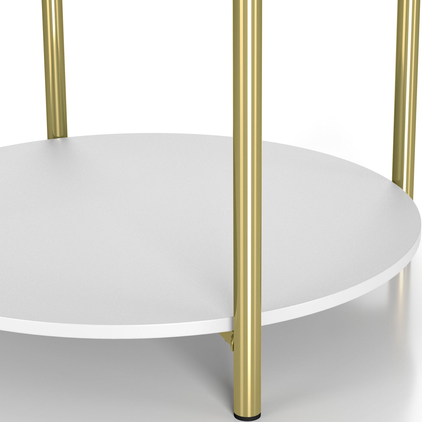 Angled close-up lower shelf/leg view of a modern white and gold round storage end table on a white background