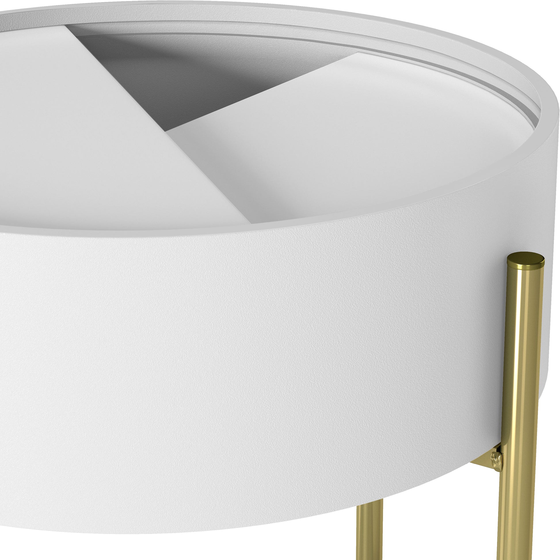 Angled close-up open tabletop/leg view of a modern white and gold round storage end table on a white background