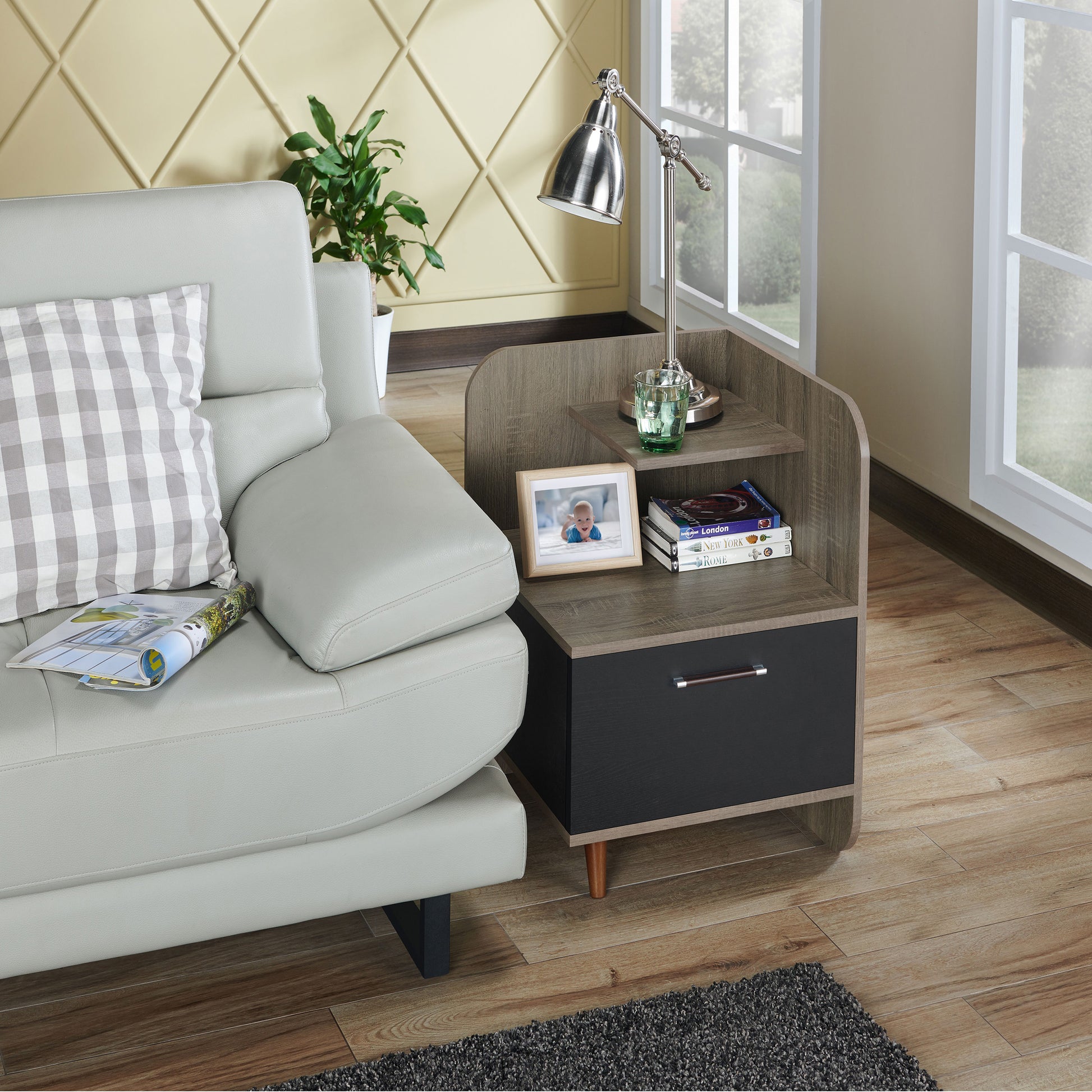 Right angled contemporary chestnut brown one-drawer nightstand with a mini shelf in a living room with accessories