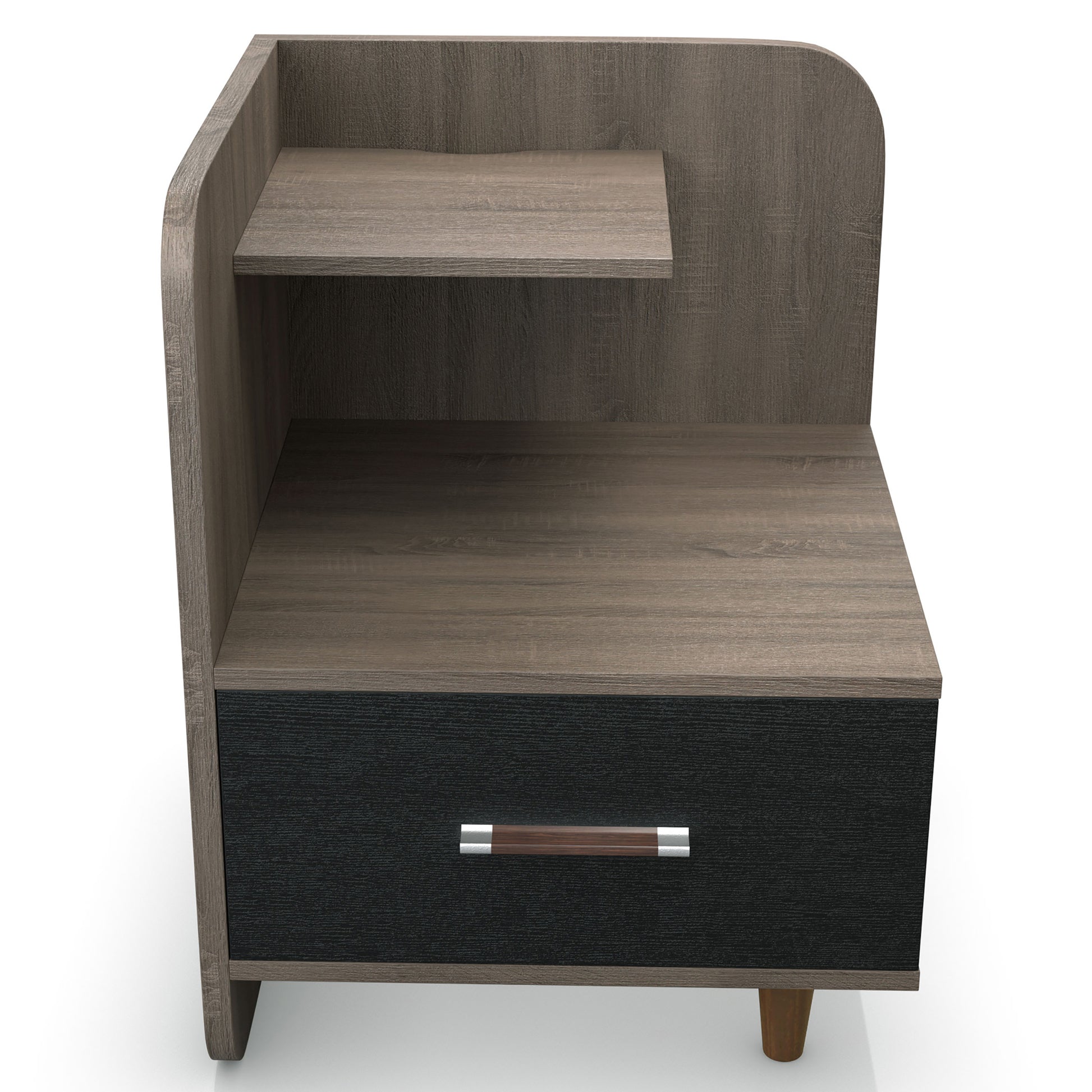 Front-facing contemporary chestnut brown one-drawer nightstand with a mini shelf on a white background