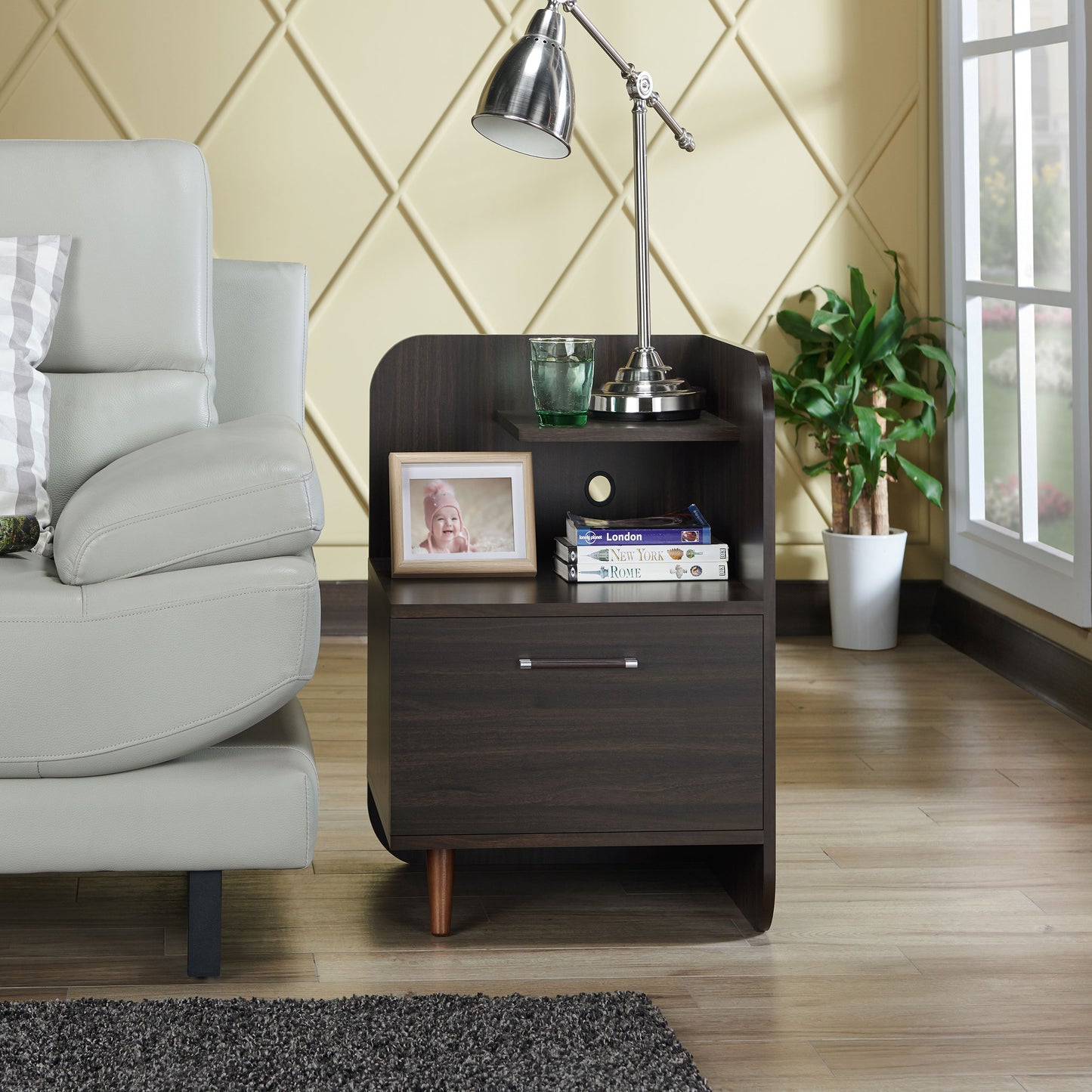 Front-facing contemporary wenge one-drawer nightstand with a mini shelf in a living room with accessories