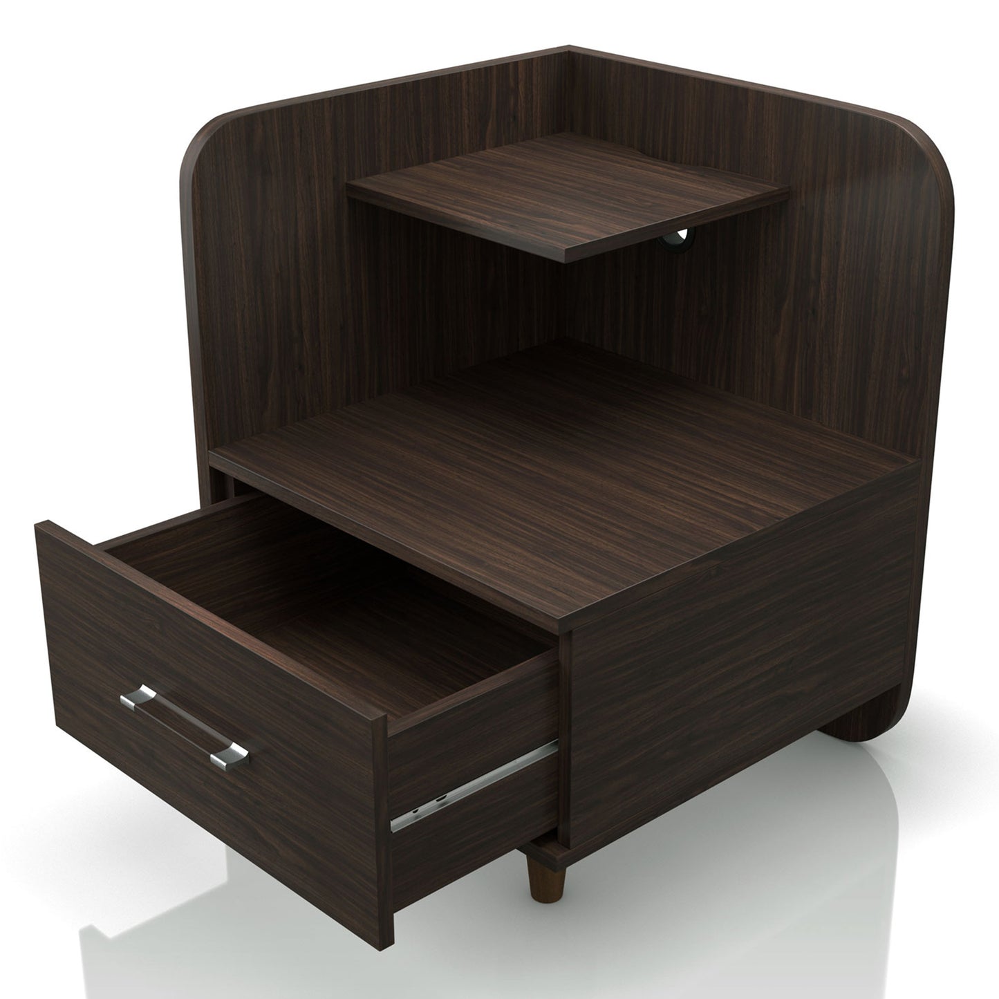 Left angled contemporary wenge one-drawer nightstand with a mini shelf and drawer open on a white background