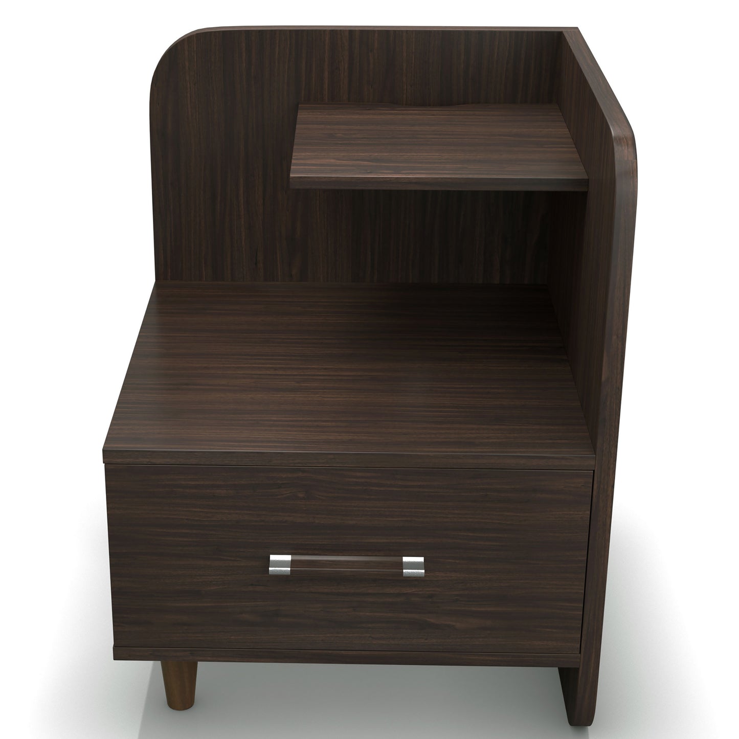 Front-facing contemporary wenge one-drawer nightstand with a mini shelf on a white background