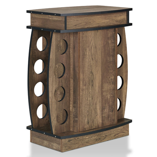 Right angled rustic reclaimed oak bar cabinet with an eight-bottle wine rack on a white background