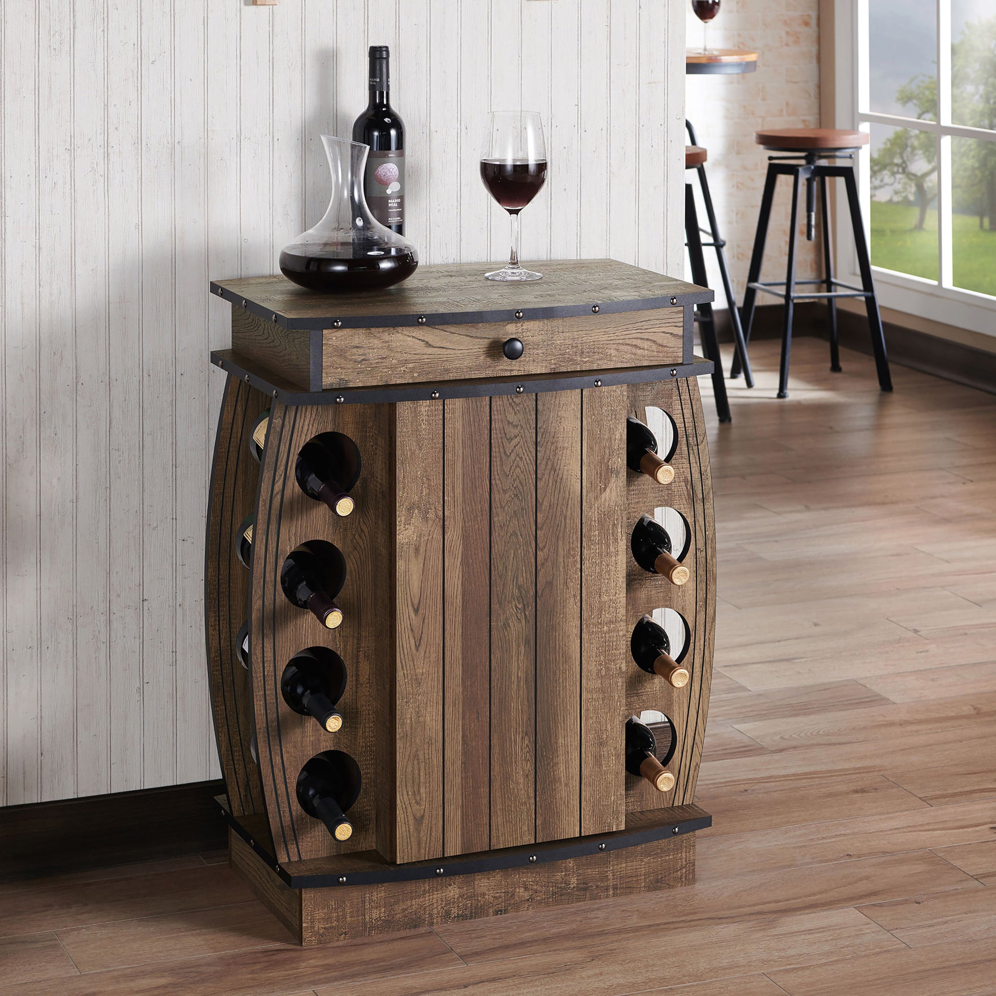 Right angled rustic reclaimed oak bar cabinet with an eight-bottle wine rack in a living area with bottles and accessories