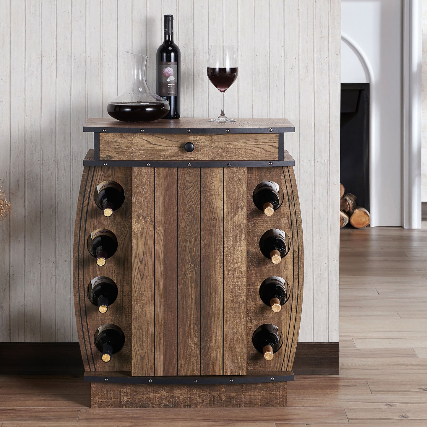 Front-facing rustic reclaimed oak bar cabinet with an eight-bottle wine rack in a living area with bottles and accessories
