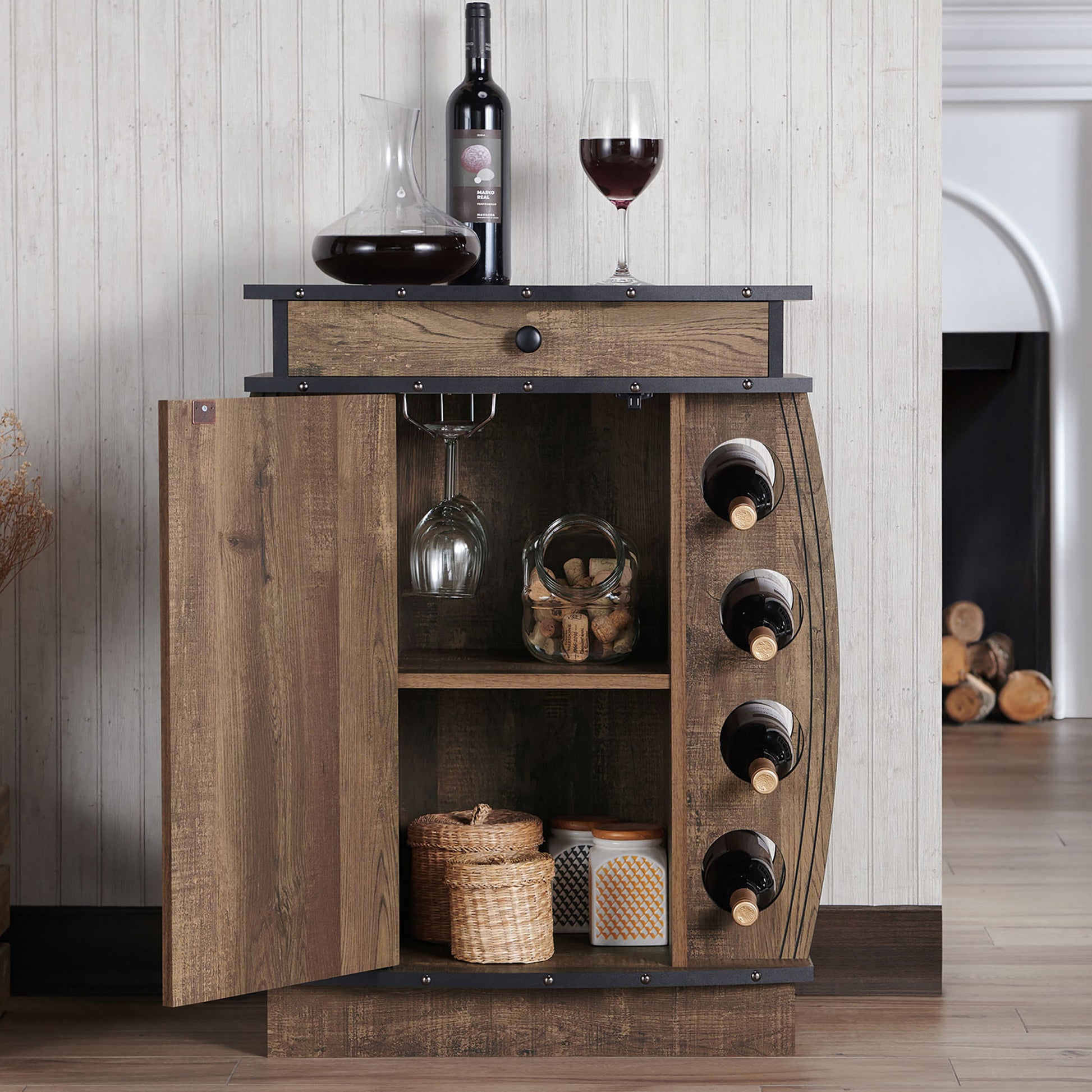 Front-facing rustic reclaimed oak bar cabinet with an eight-bottle wine rack and center door open in a living area with bottles and accessories