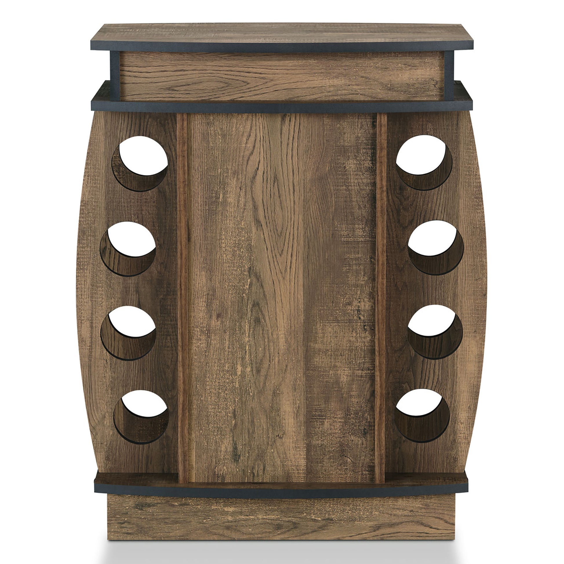 Front-facing rustic reclaimed oak bar cabinet with an eight-bottle wine rack on a white background