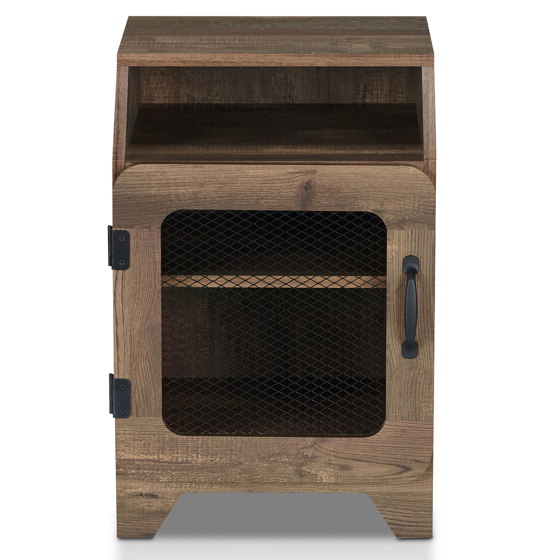 Front-facing rustic reclaimed oak three-shelf end table with a metal mesh door on a white background