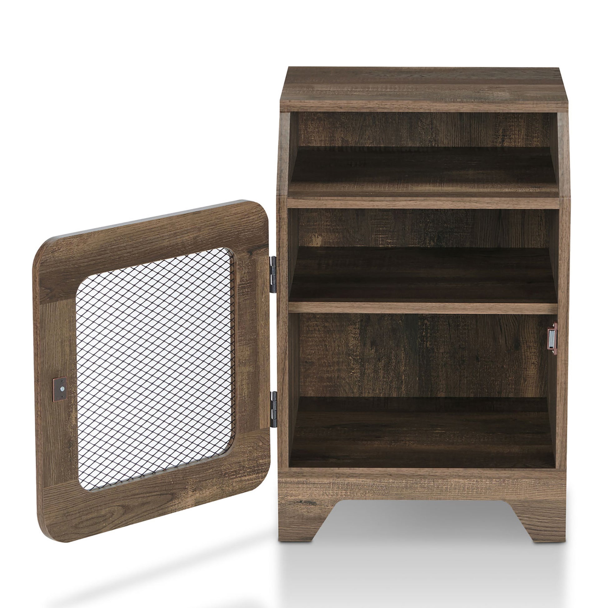 Front-facing rustic reclaimed oak three-shelf end table with a metal mesh door open on a white background
