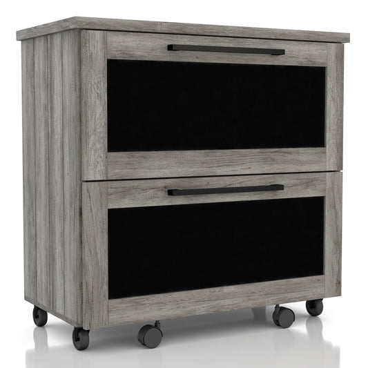 Right angled rustic vintage gray oak two-drawer mobile filing cabinet with chalkboard drawer fronts on a white background