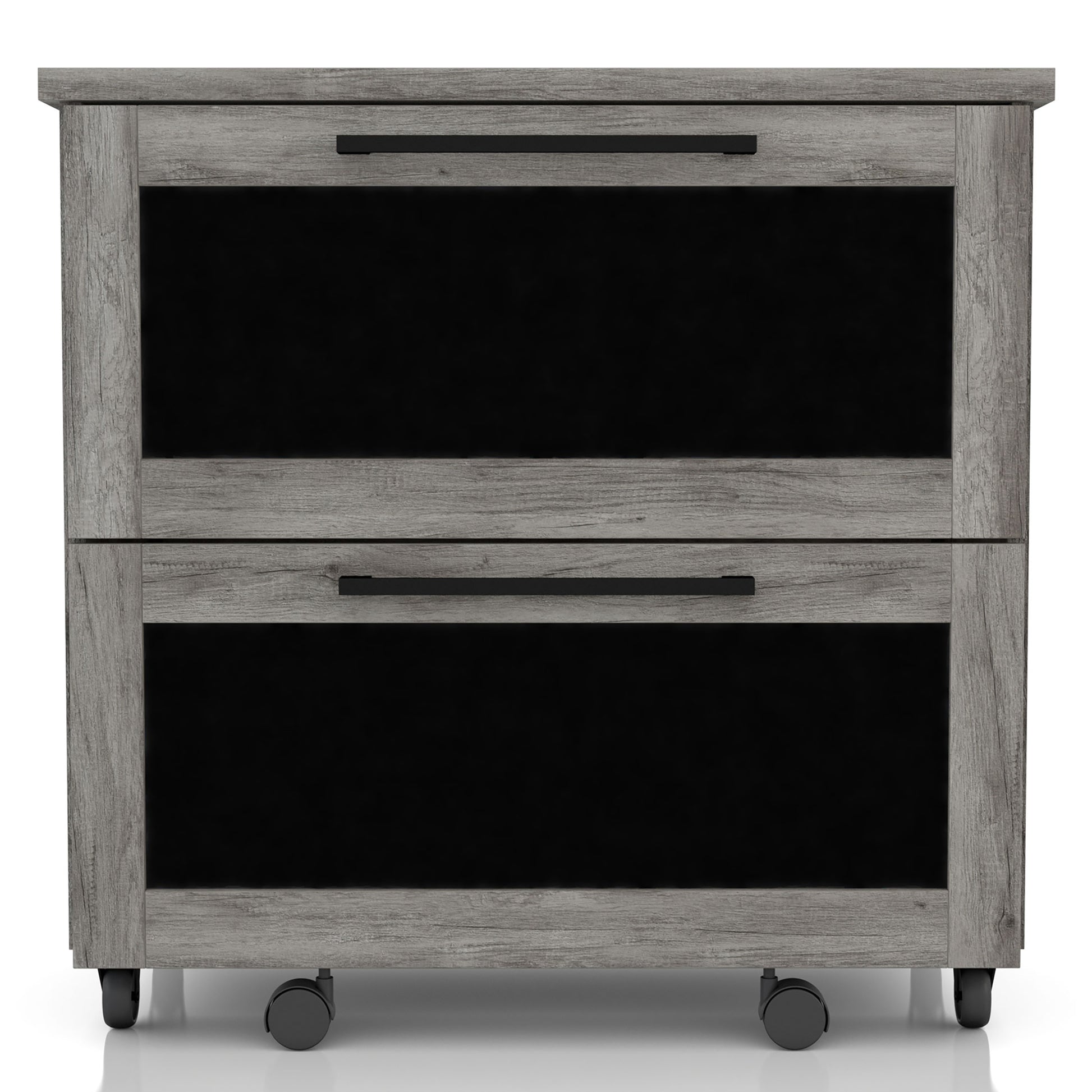 Front-facing rustic vintage gray oak two-drawer mobile filing cabinet with chalkboard drawer fronts on a white background