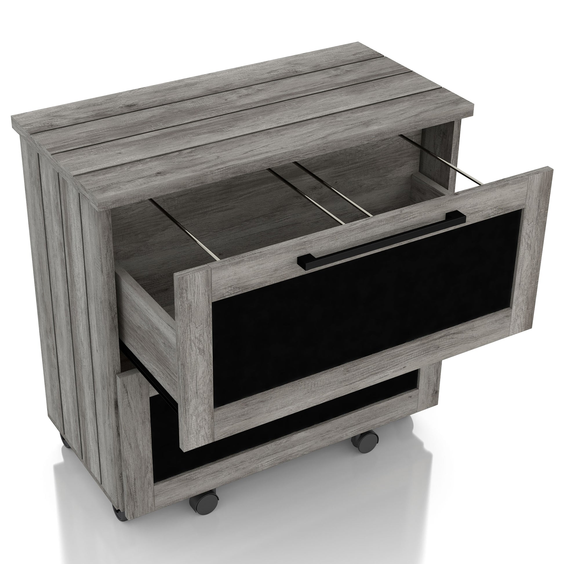 Right angled rustic vintage gray oak two-drawer mobile filing cabinet with chalkboard drawer fronts and top drawer open on a white background