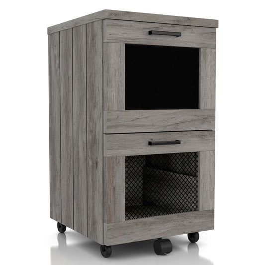 Right angled rustic vintage gray oak two-drawer mobile file cabinet with mesh and chalkboard drawer fronts on a white background