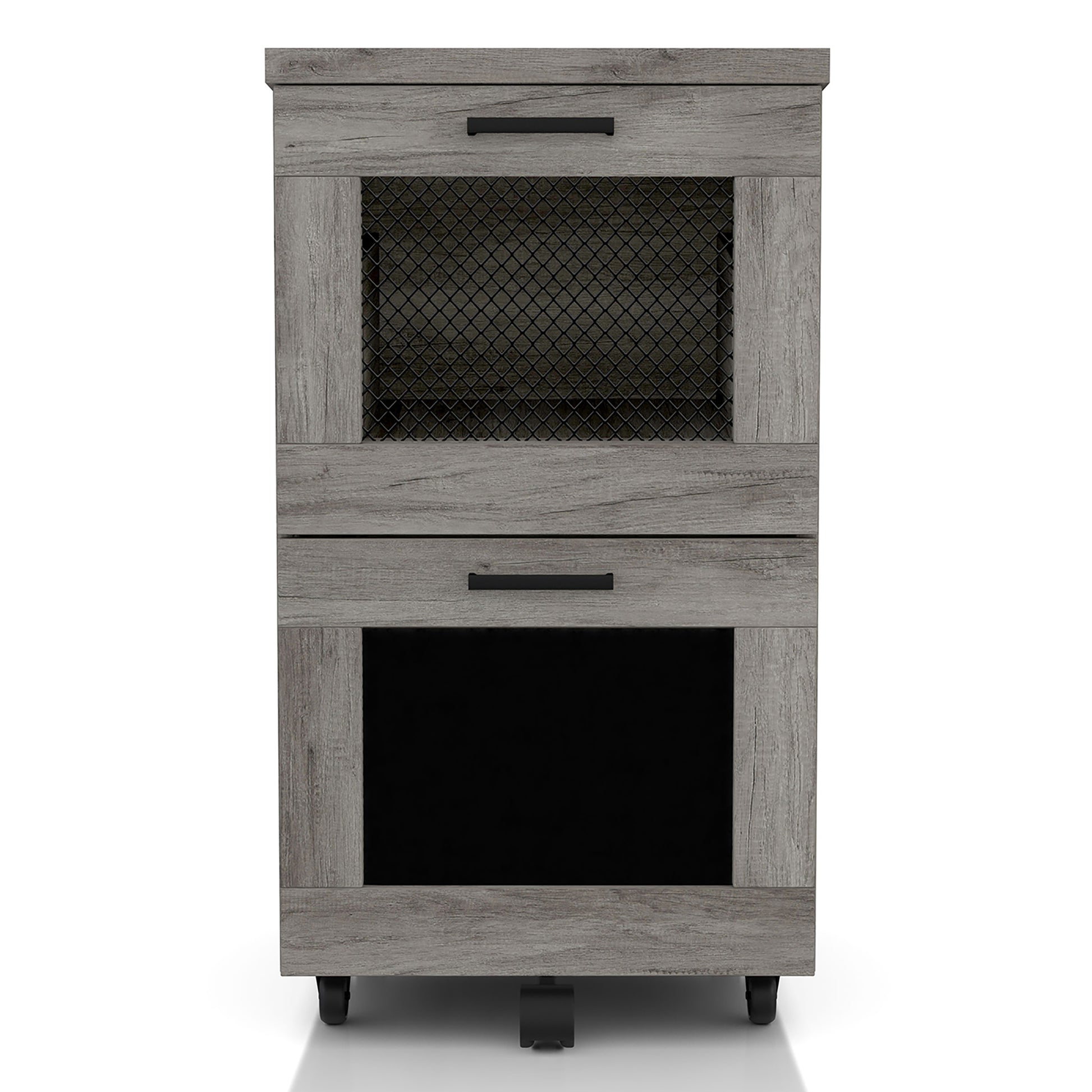 Front-facing rustic vintage gray oak two-drawer mobile file cabinet with mesh and chalkboard drawer fronts on a white background