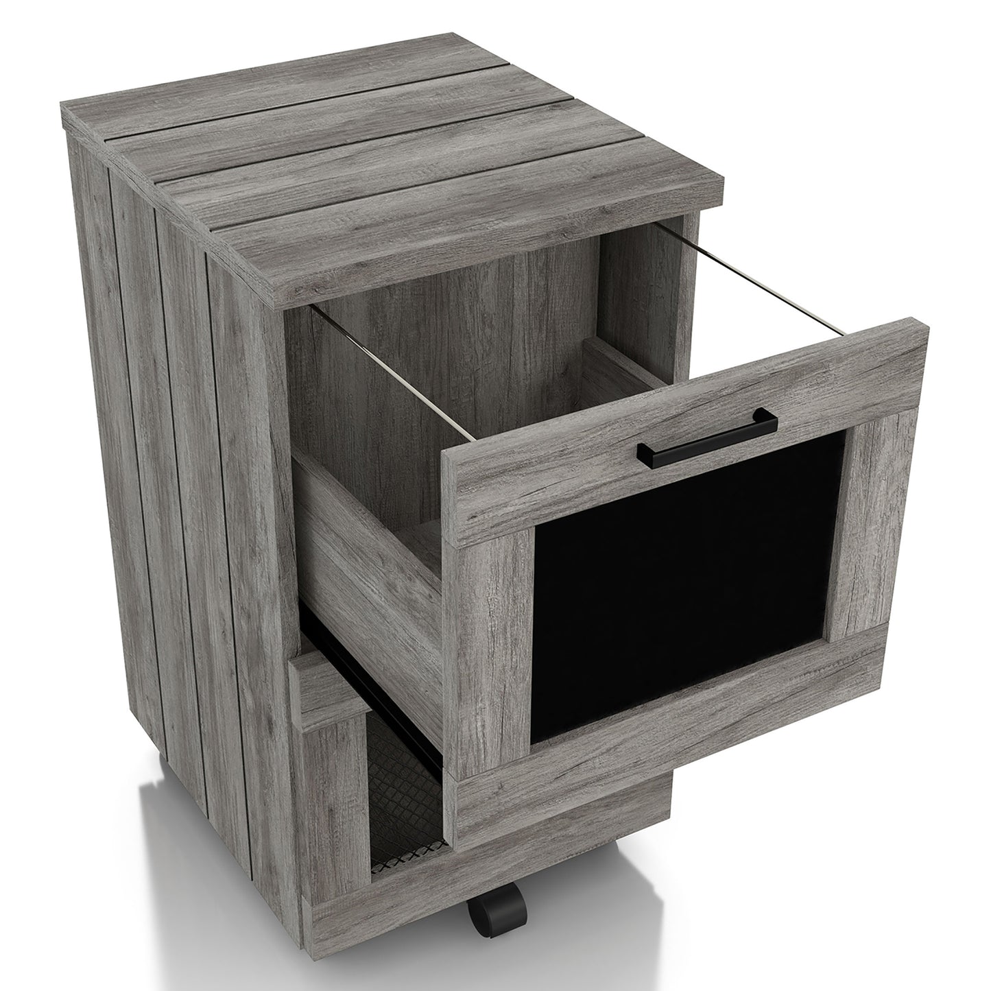 Right angled rustic vintage gray oak two-drawer mobile file cabinet with mesh and chalkboard drawer fronts and top drawer open on a white background