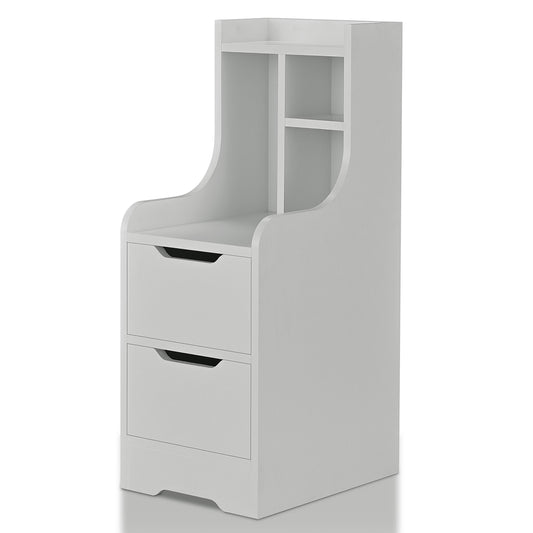 Left angled modern white two-drawer nightstand with shelves on a white background