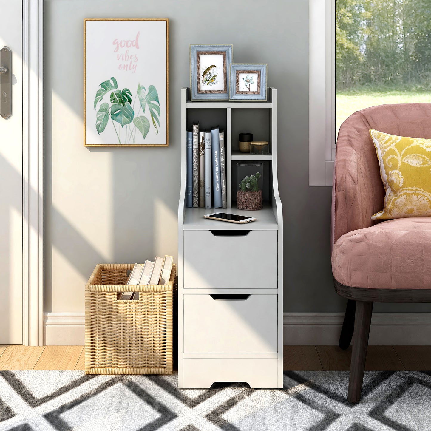 Front-facing modern white two-drawer nightstand with shelves in a living room with accessories
