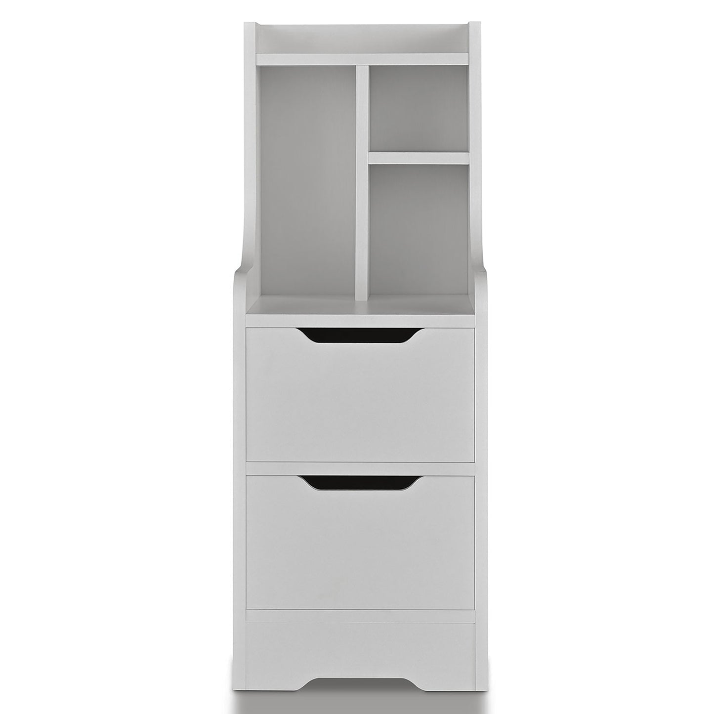 Front-facing modern white two-drawer nightstand with shelves on a white background