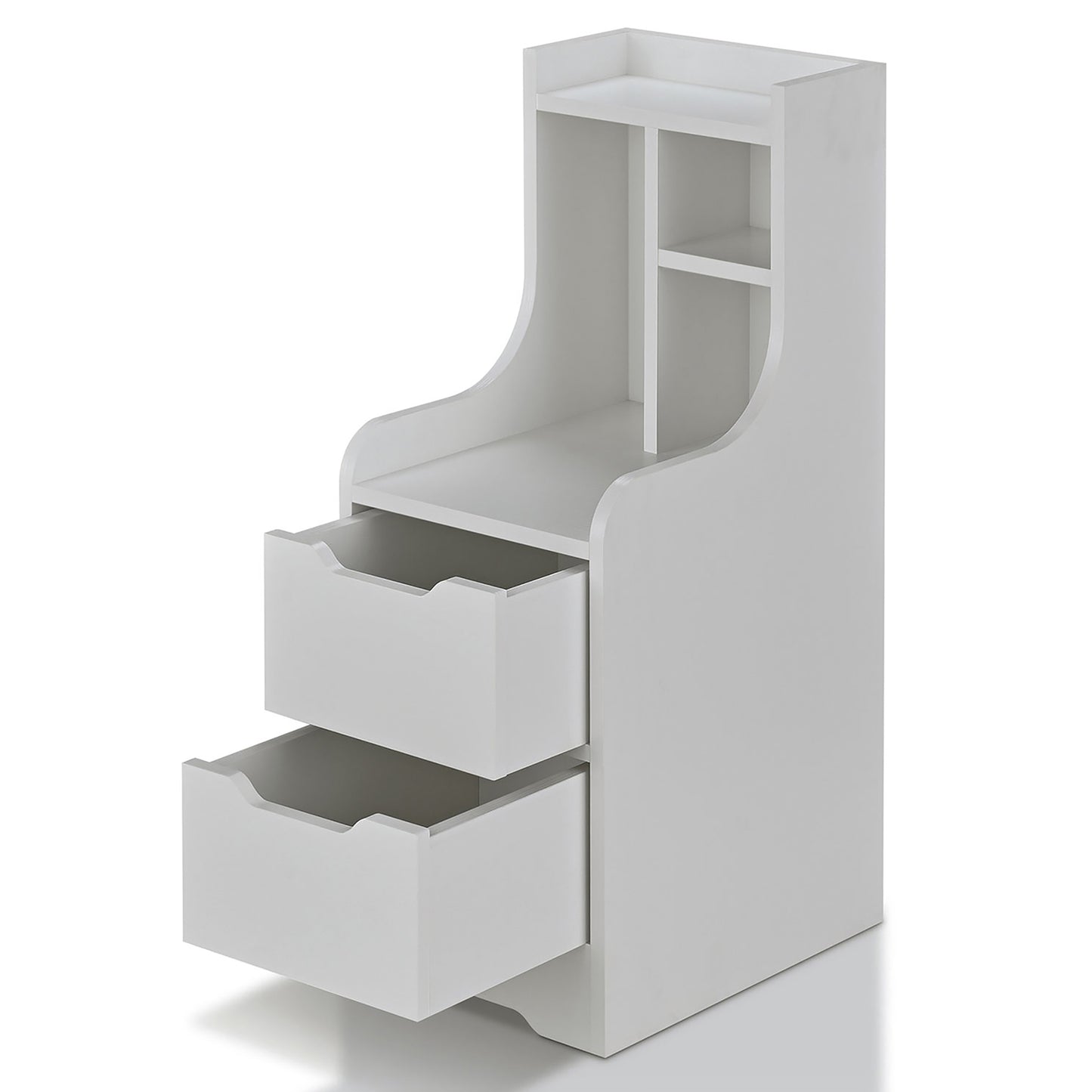 Left angled modern white two-drawer nightstand with shelves and drawers open on a white background