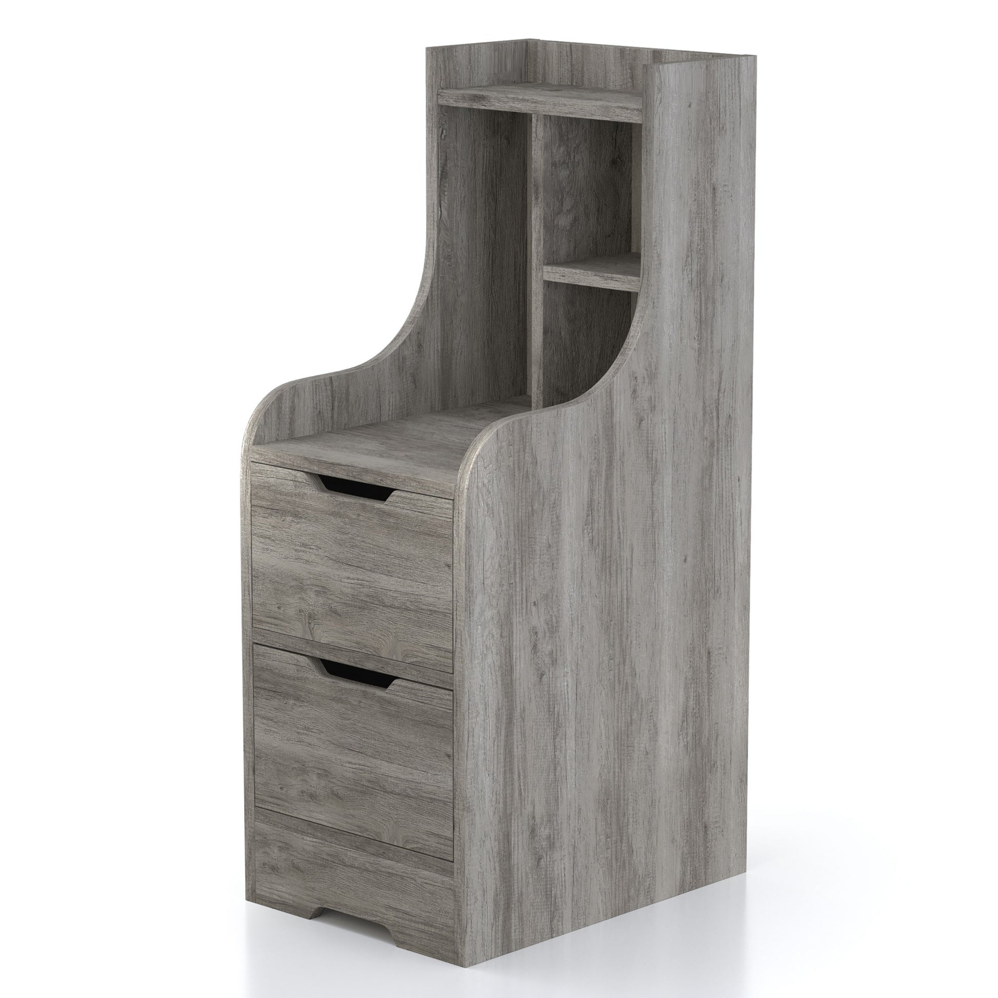 Left angled modern vintage gray oak two-drawer nightstand with shelves on a white background