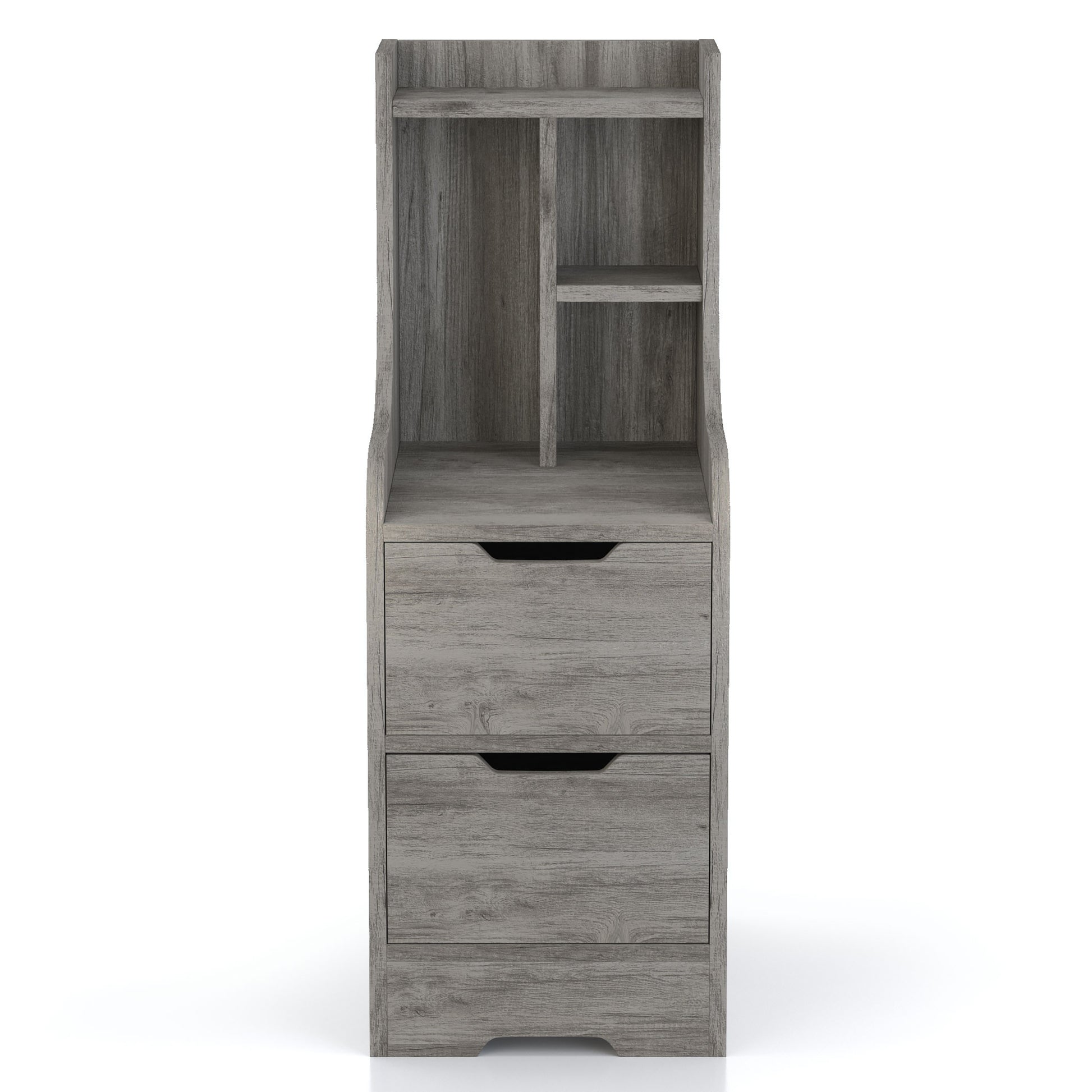 Front-facing modern vintage gray oak two-drawer nightstand with shelves on a white background