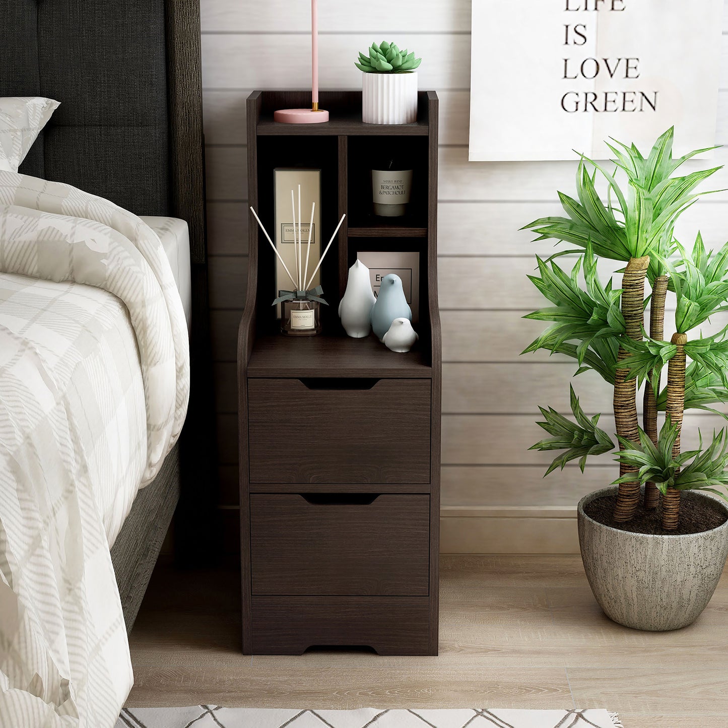 Front-facing modern walnut two-drawer nightstand with shelves in a bedroom with accessories