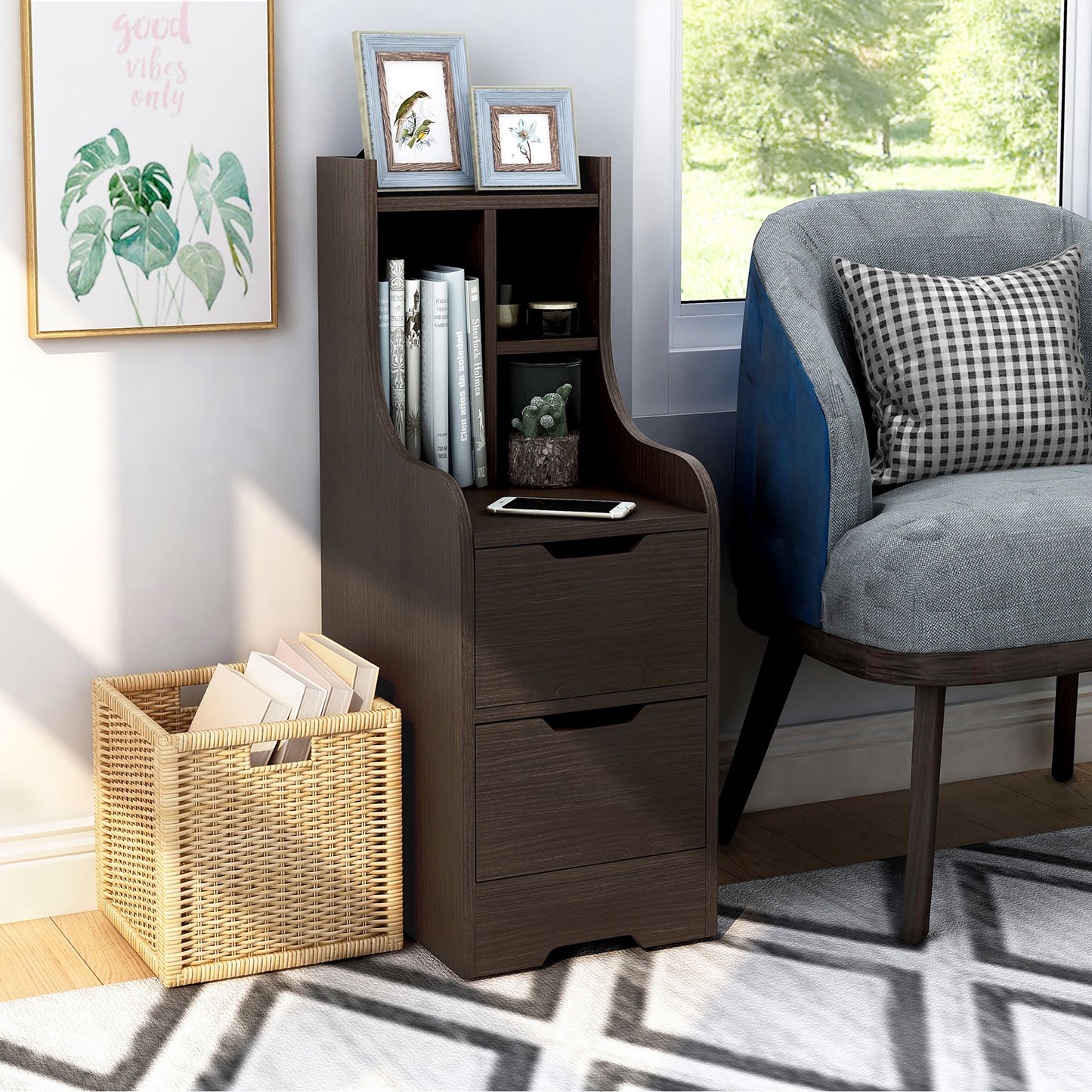 Right angled modern walnut two-drawer nightstand with shelves in a living area with accessories