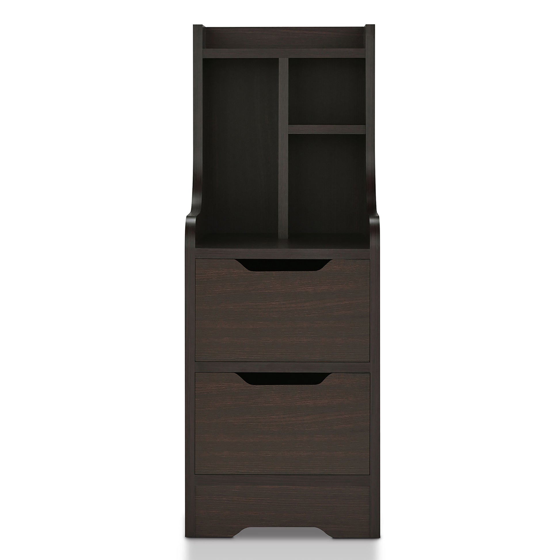 Front-facing modern walnut two-drawer nightstand with shelves on a white background