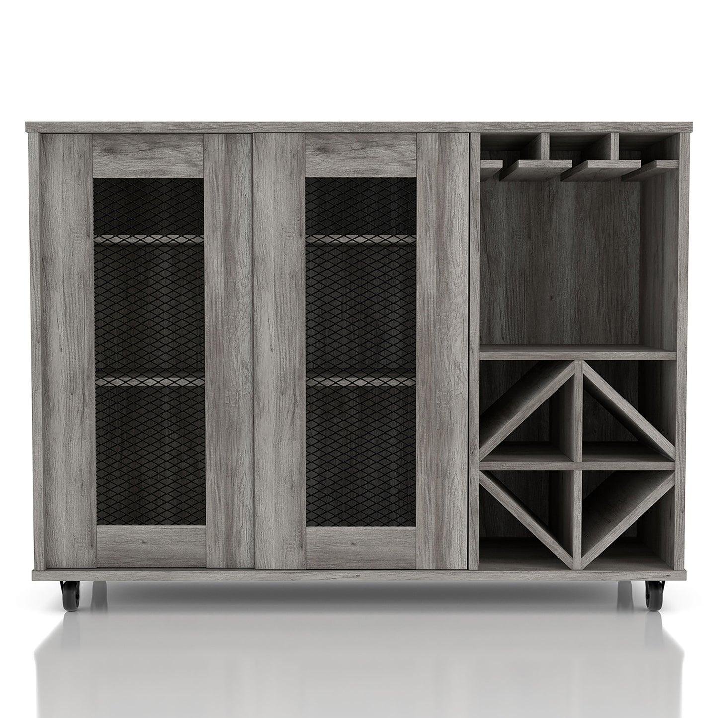 Front-facing rustic vintage gray oak mobile two-sliding door bar cart with stemware and bottle storage on a white background