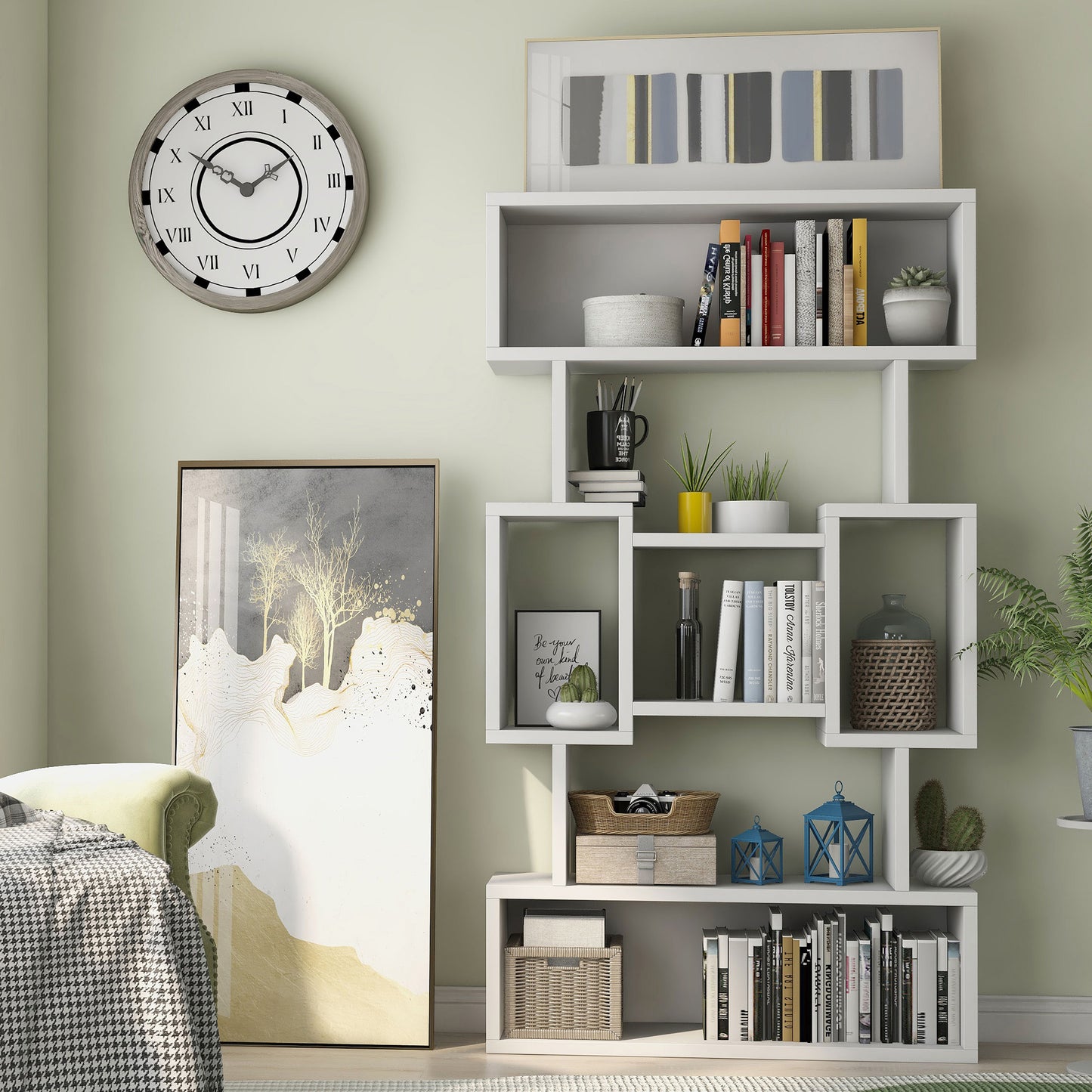 Front-facing modern white open cubic bookcase display shelf in a living room with accessories