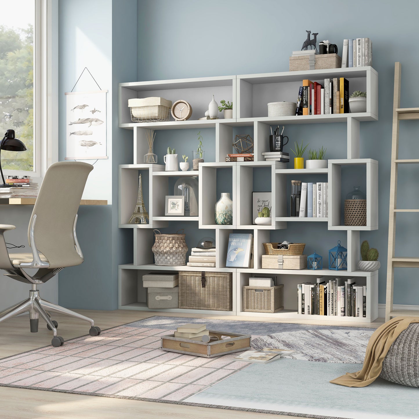 Left angled modern white open cubic bookcase display shelf in a home office with accessories (shown as set of two)